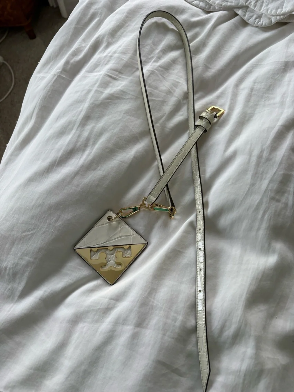Tory Burch Ivory Leather Logo Mirror Charm with Gold Hardware M/L